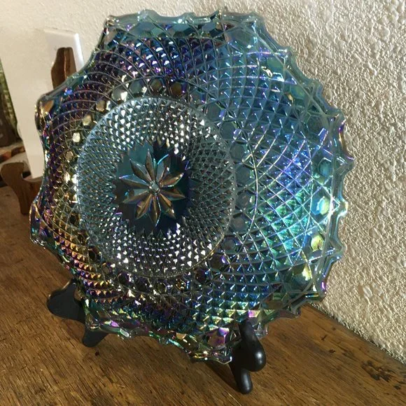 Vintage Blue Iridescent Ruffled Diamond Point Dessert Plate - Picture 3 of 9